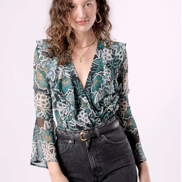 NWT Band of the Free Floral Chiffon Ruffle Bodysuit Green Black Women’s Small - Picture 2 of 9